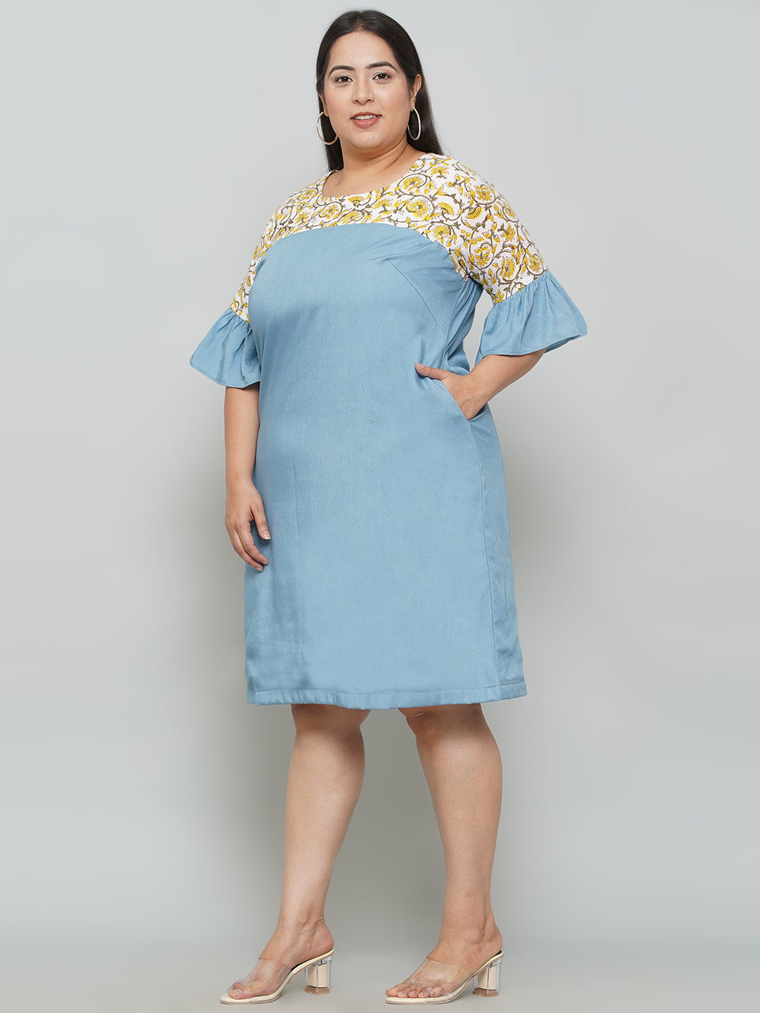 Yellow Sanganeri Handblock Printed  Denim Dress
