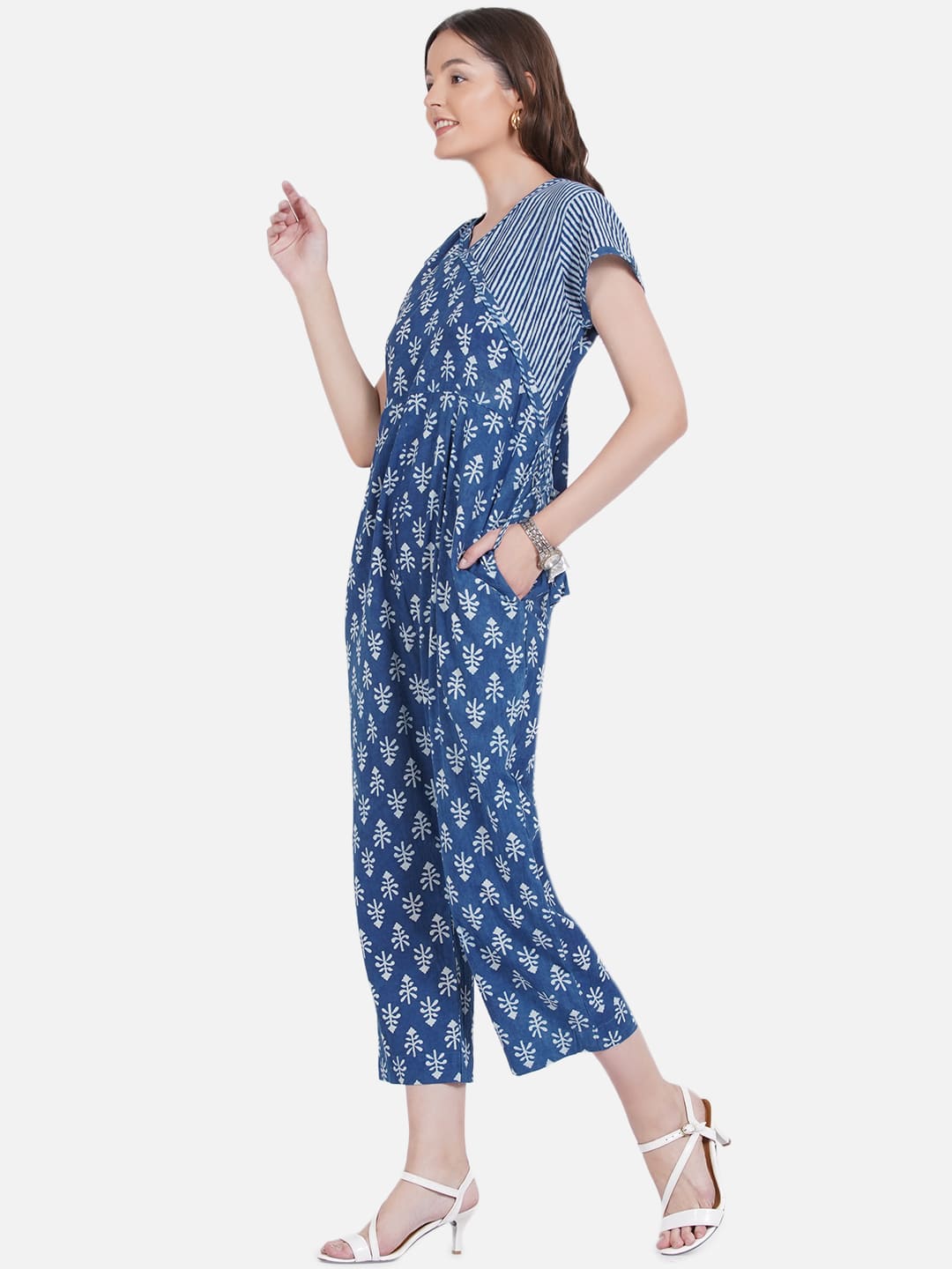 Indigo Dabu Handblock Printed Angrakha Style Cotton Jumpsuit