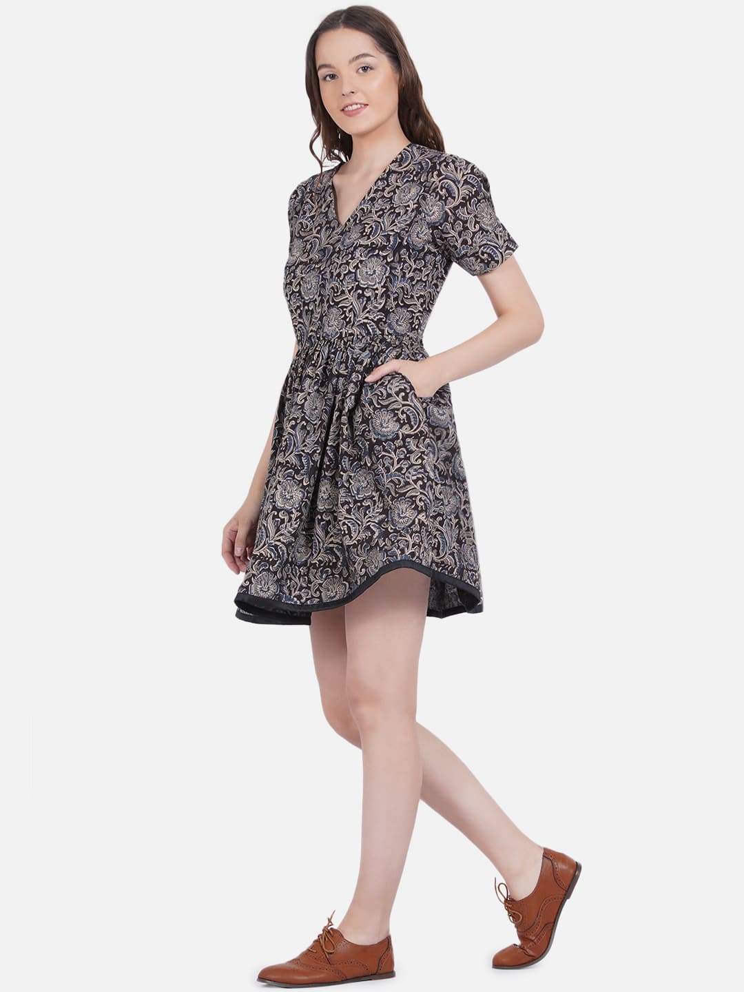 Black Kalamkari Handblock Printed Frock Style Cotton Dress