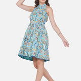 Blue Sanganeri Handblock Printed Backless Cotton Dress