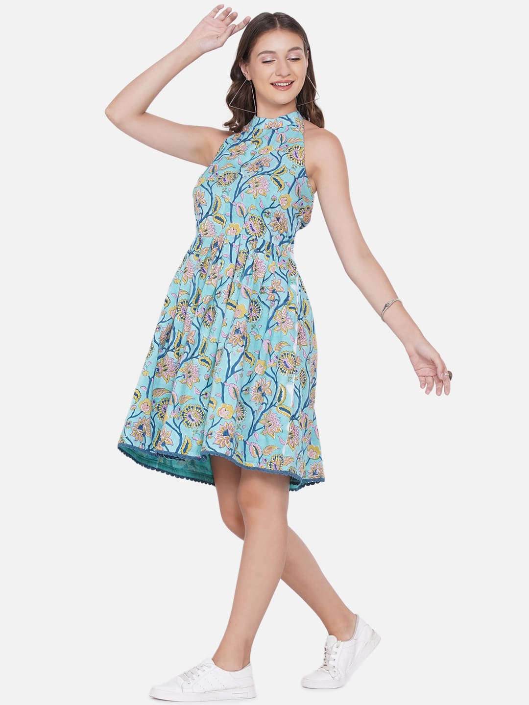 Blue Sanganeri Handblock Printed Backless Cotton Dress