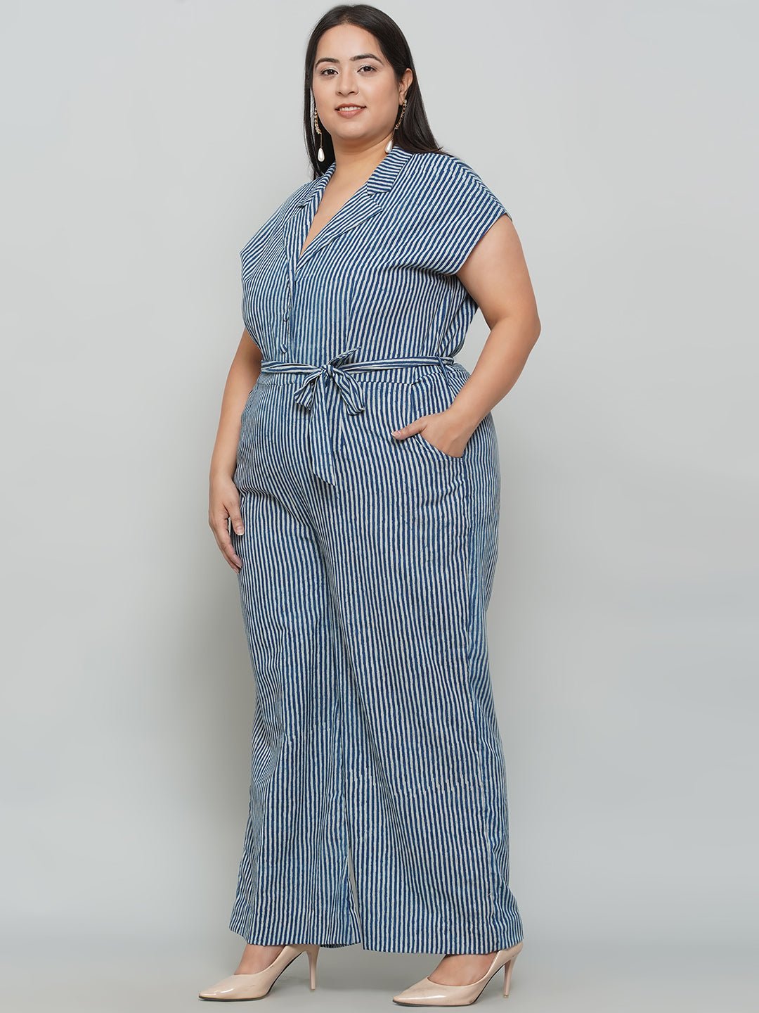 Indigo Handblock Printed Stripe Cotton Jumpsuit -Clothing