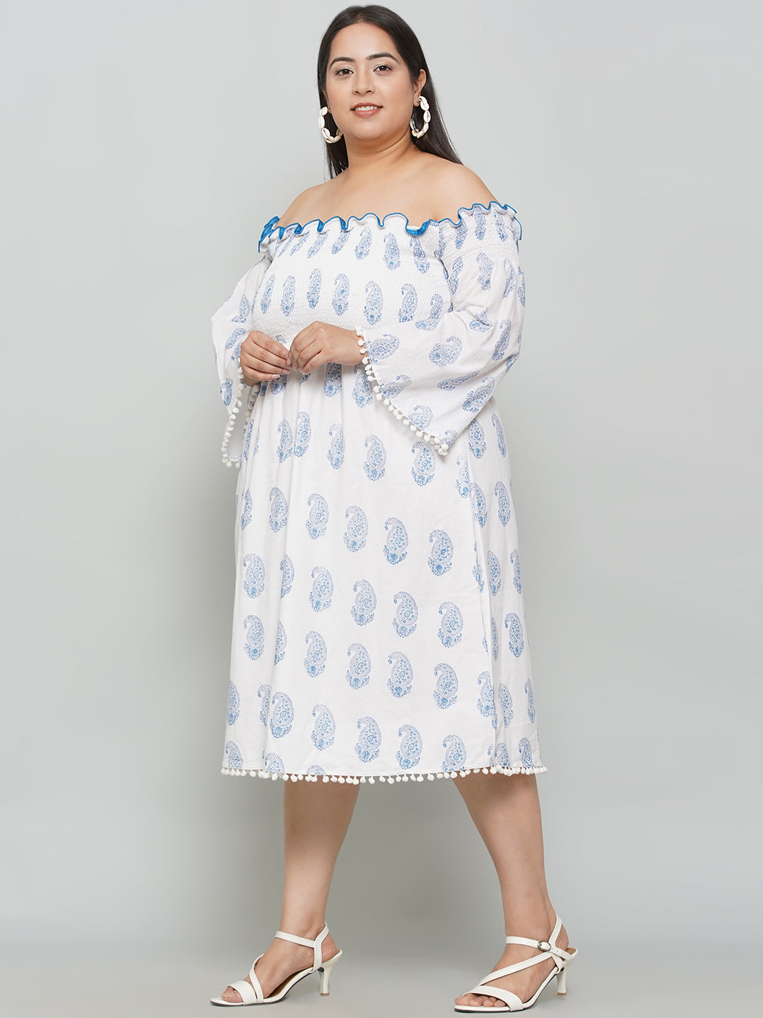 White Sanganeri Paisley Handblock Printed  Off Shoulder Cotton Dress