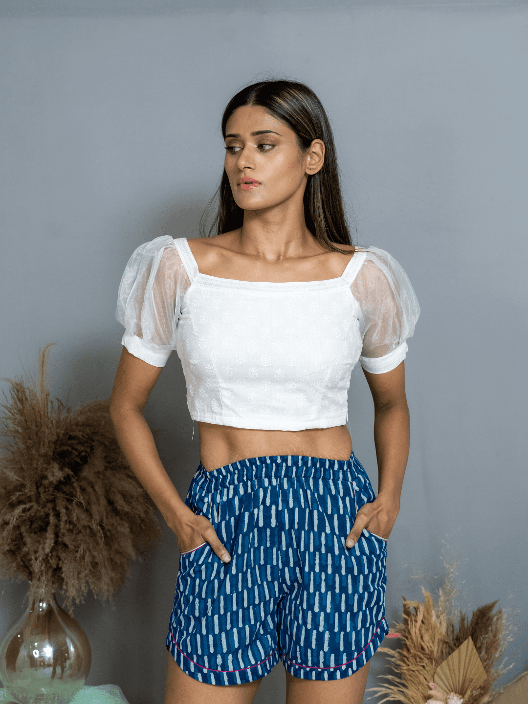 Sanganeri Hand block Crop Top with Organza Sleeves -blouse
