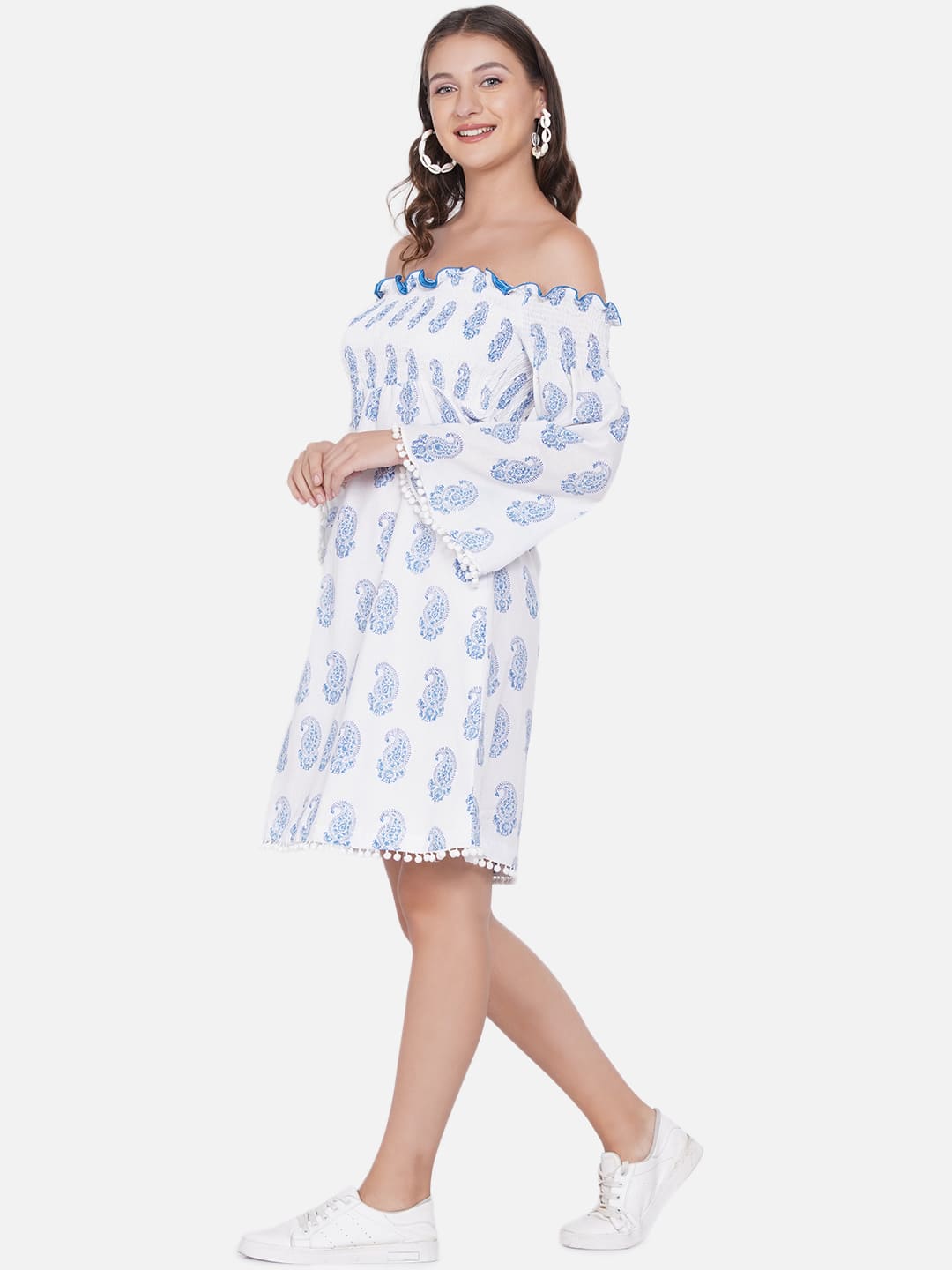 White Sanganeri Paisley Handblock Printed  Off Shoulder Cotton Dress