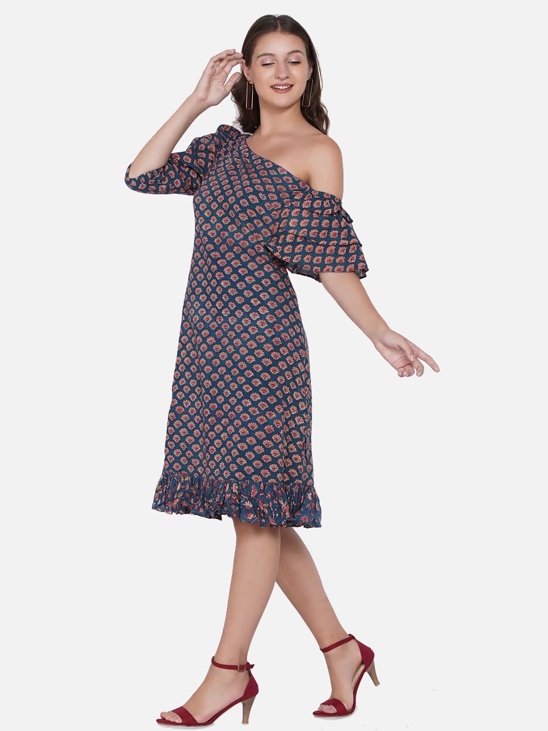 Sea Green Sanganeri Handblock printed Two Sleeves Dress