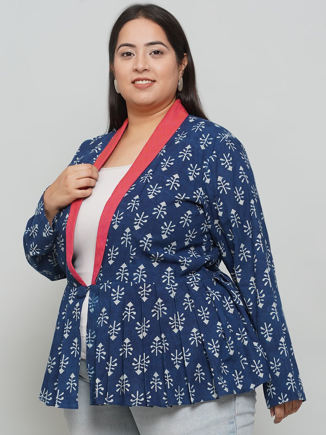 Indigo Handblock Print Peplum Jacket with Pink Collar -