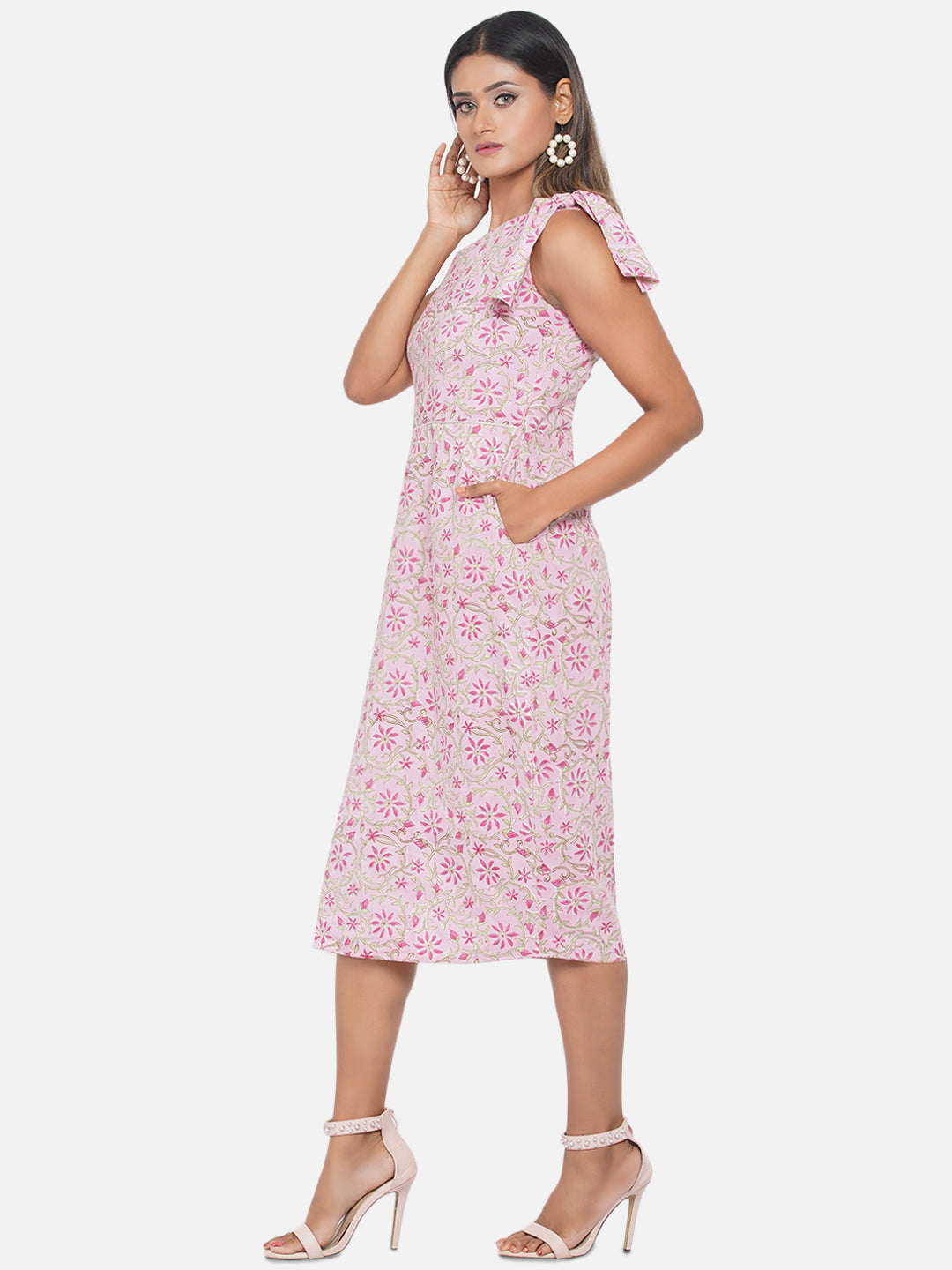Pink Sanganeri Handblock Printed One Shoulder Dress