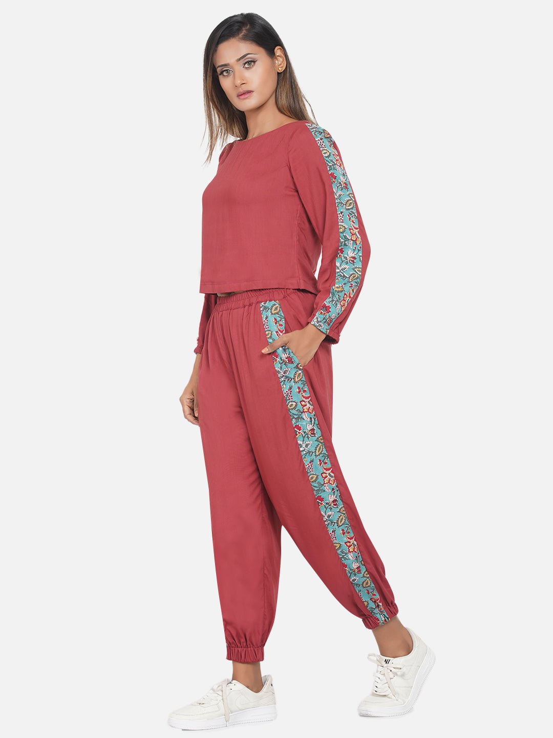 Red Jogger style co-ord set with Sanganeri Handwork print sleeves -
