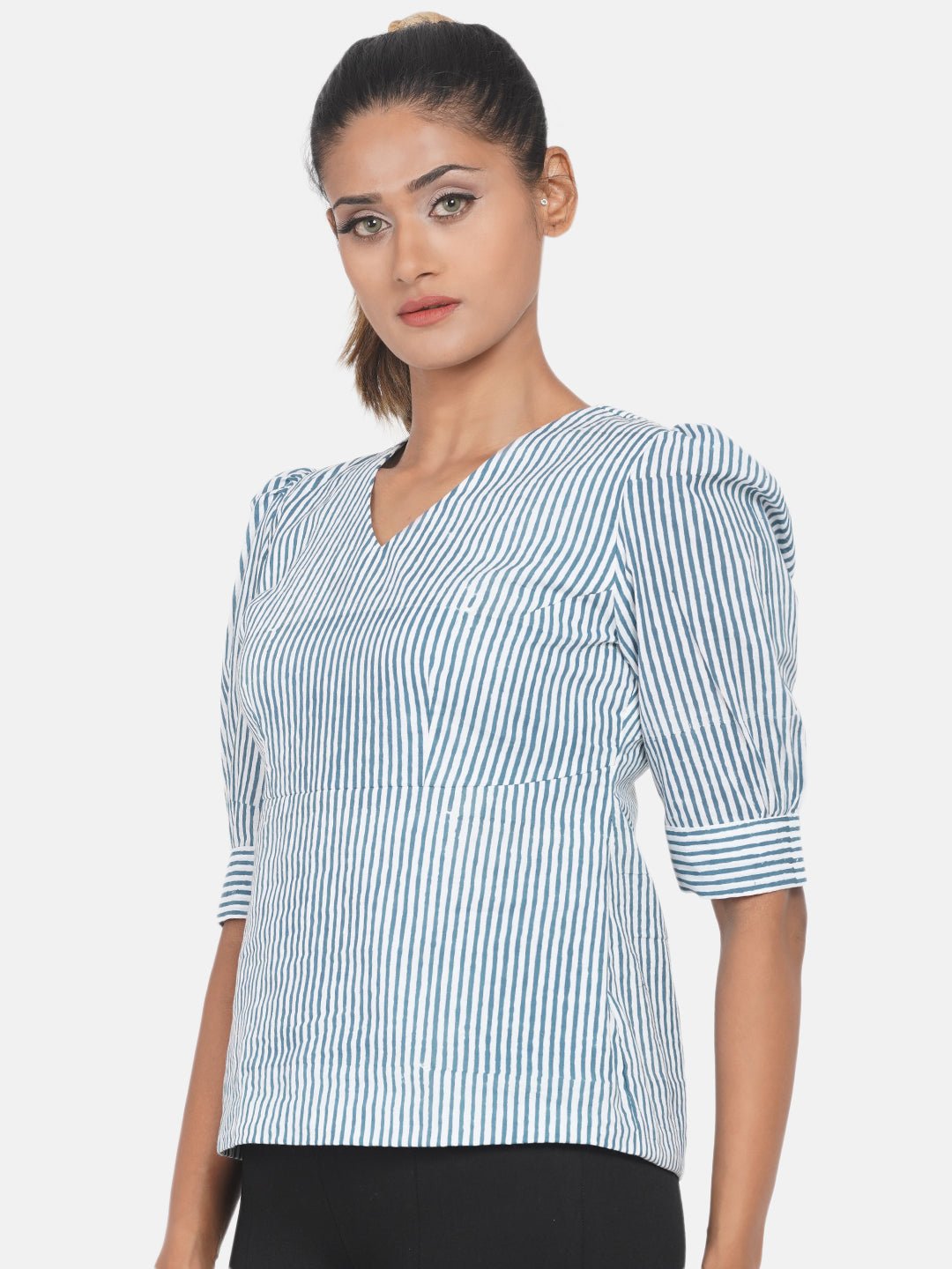 Blue Stripe Handblock Printed Cotton Top -