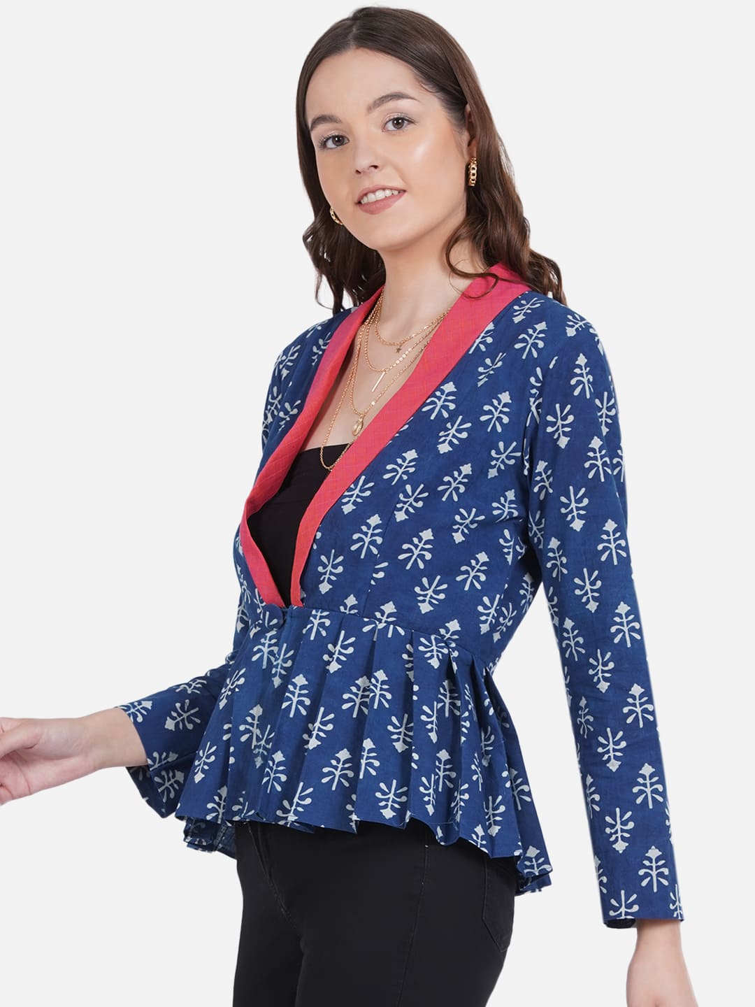 Indigo Handblock Print Peplum Jacket with Pink Collar