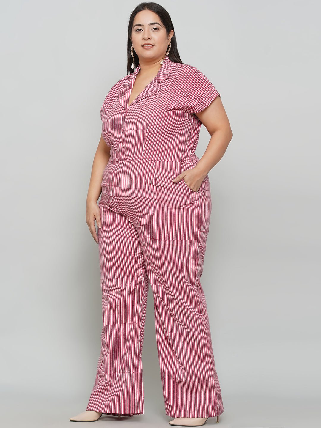 Pink Dabu Stripe Handblock Cotton Jumpsuit -
