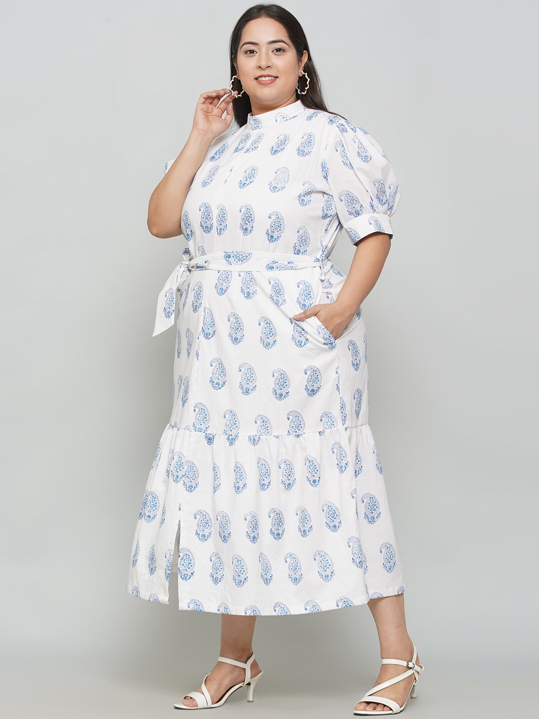 White Cotton Dress with Blue Handblock Printed Paisley