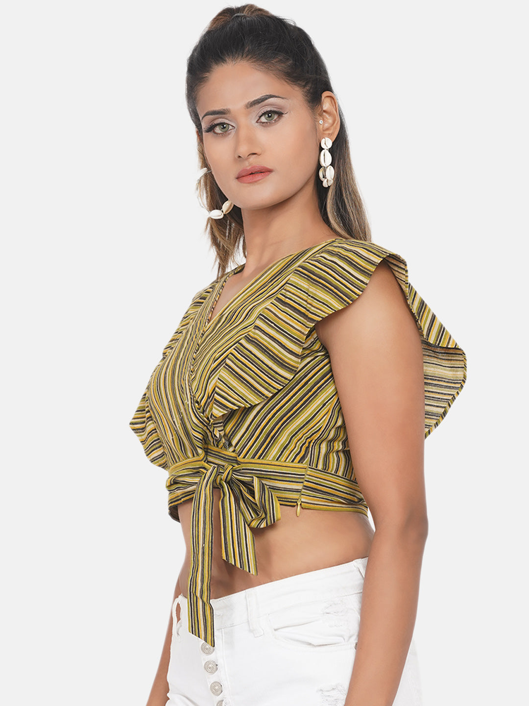 Olive Dabu Handblock Printed Stripe Cotton Top