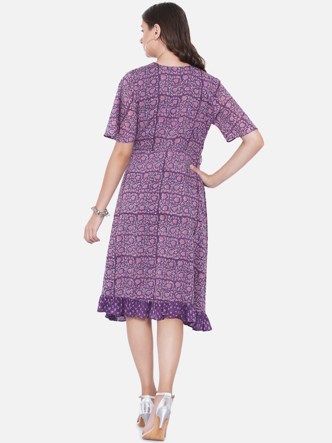 Purple Sanganeri Handblock Printed Wrap Style Cotton Dress