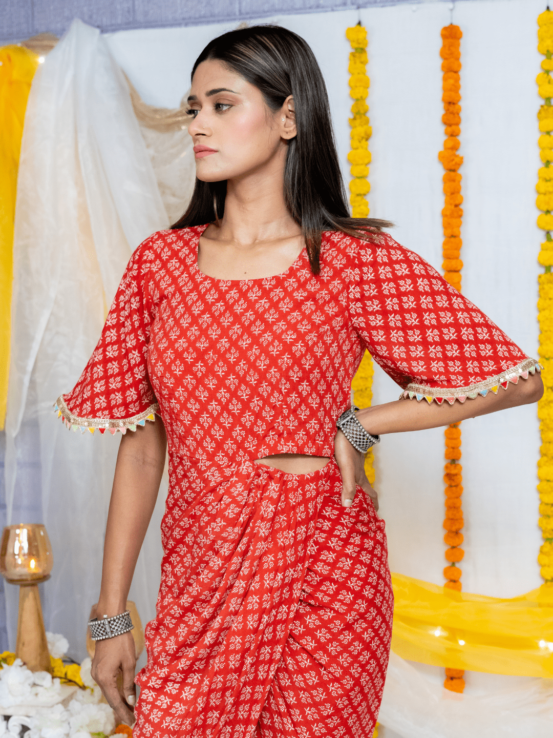 Red Bagru Handblock Printed Modal Cotton Cut Out Dress