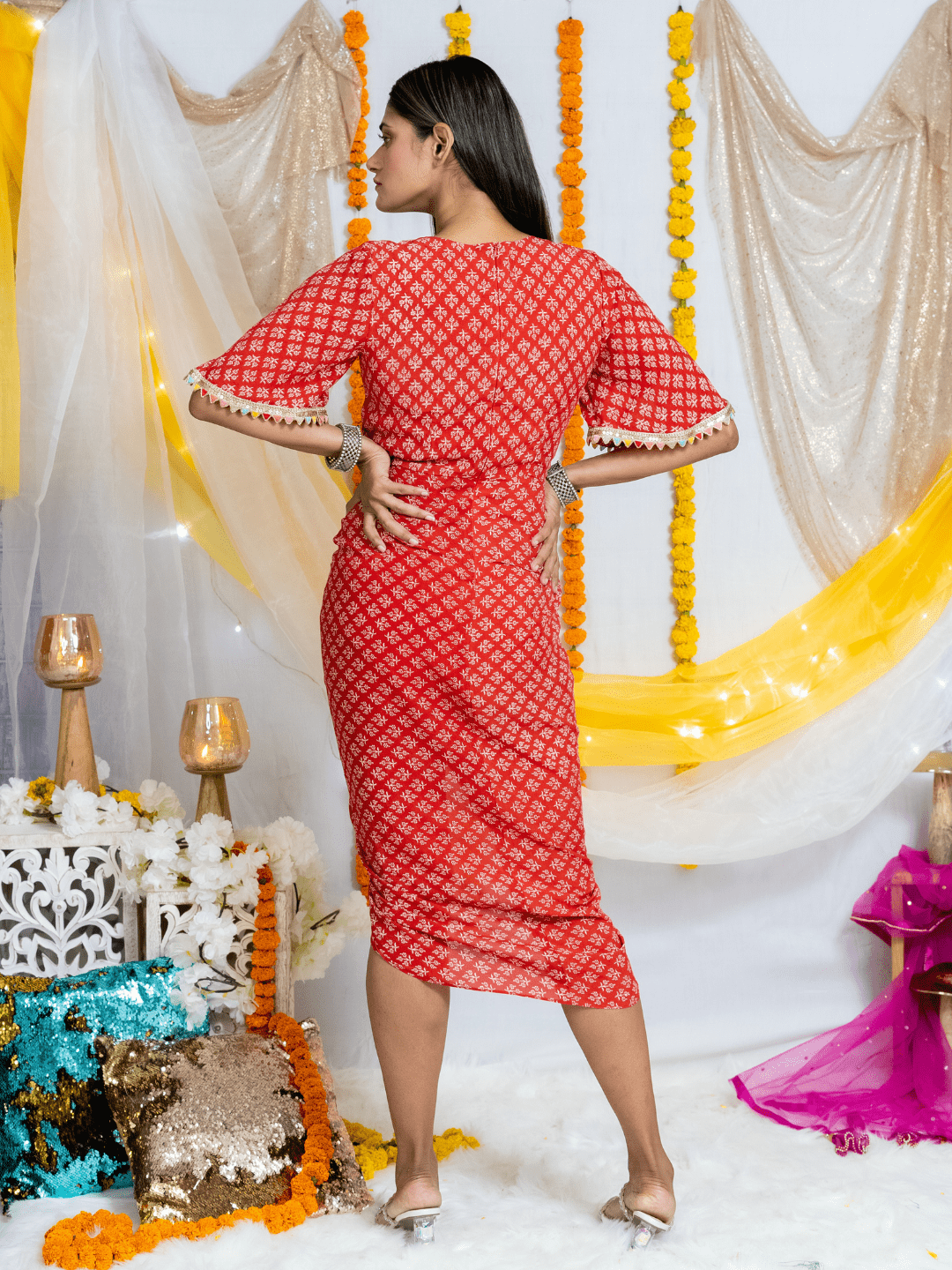 Red Bagru Handblock Printed Modal Cotton Cut Out Dress