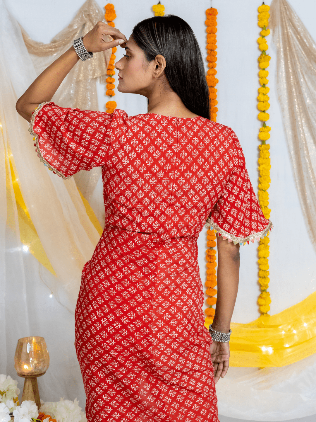Red Bagru Handblock Printed Modal Cotton Cut Out Dress