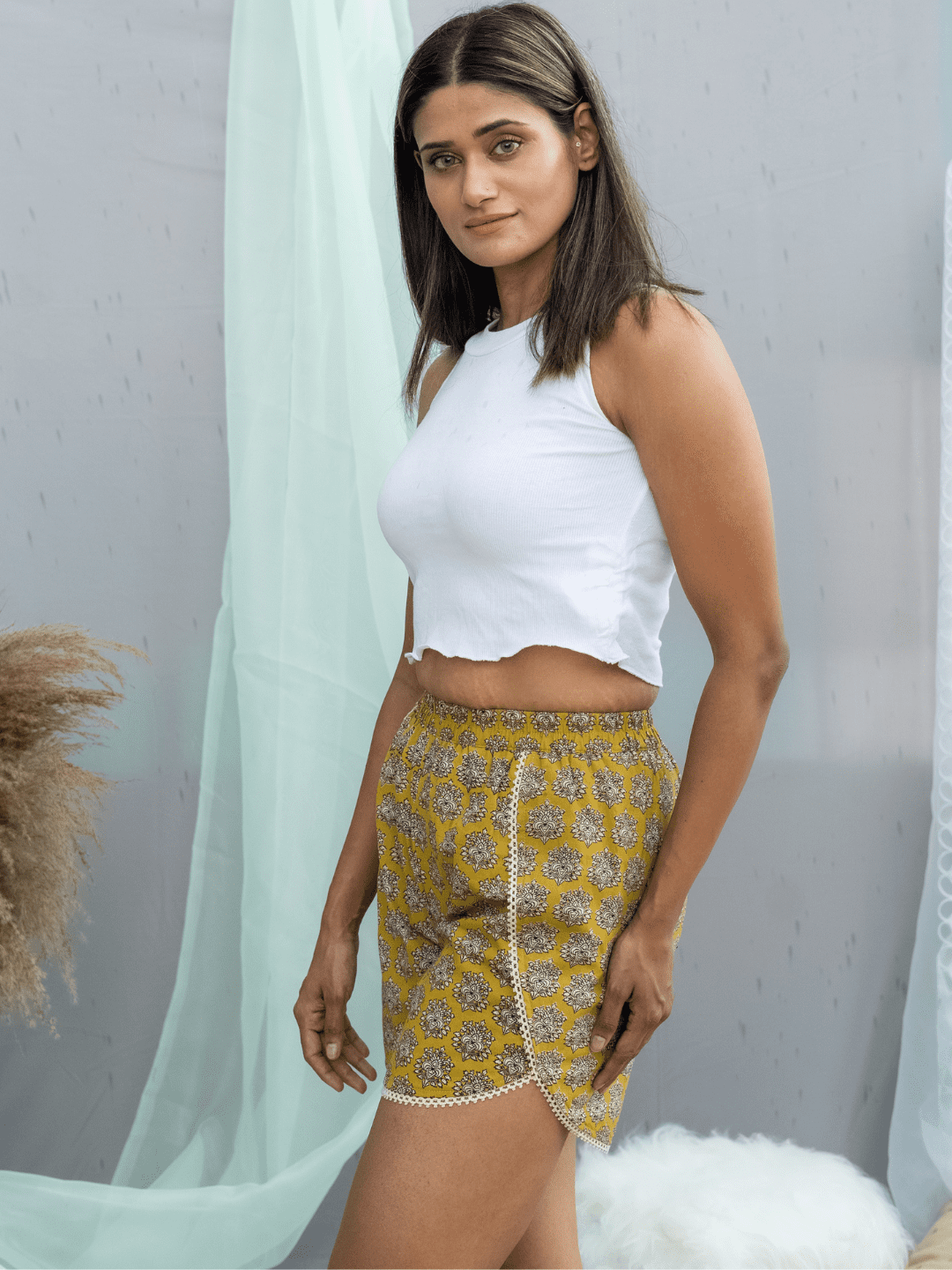 Mustard Bagru Shorts with Lace