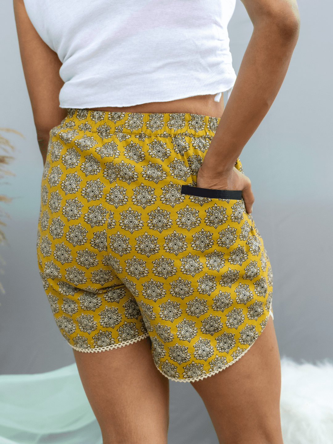 Mustard Bagru Shorts with Lace