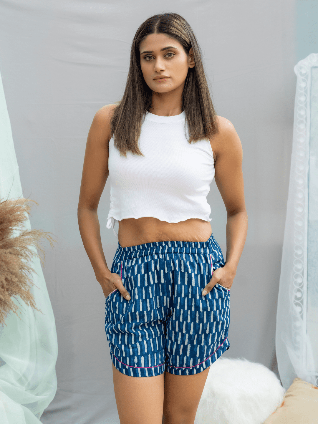 Indigo Dabu Shorts with Fuchsia Piping -Shorts