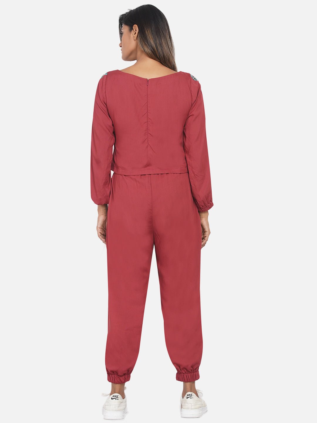 Red Jogger style co-ord set with Sanganeri Handwork print sleeves -
