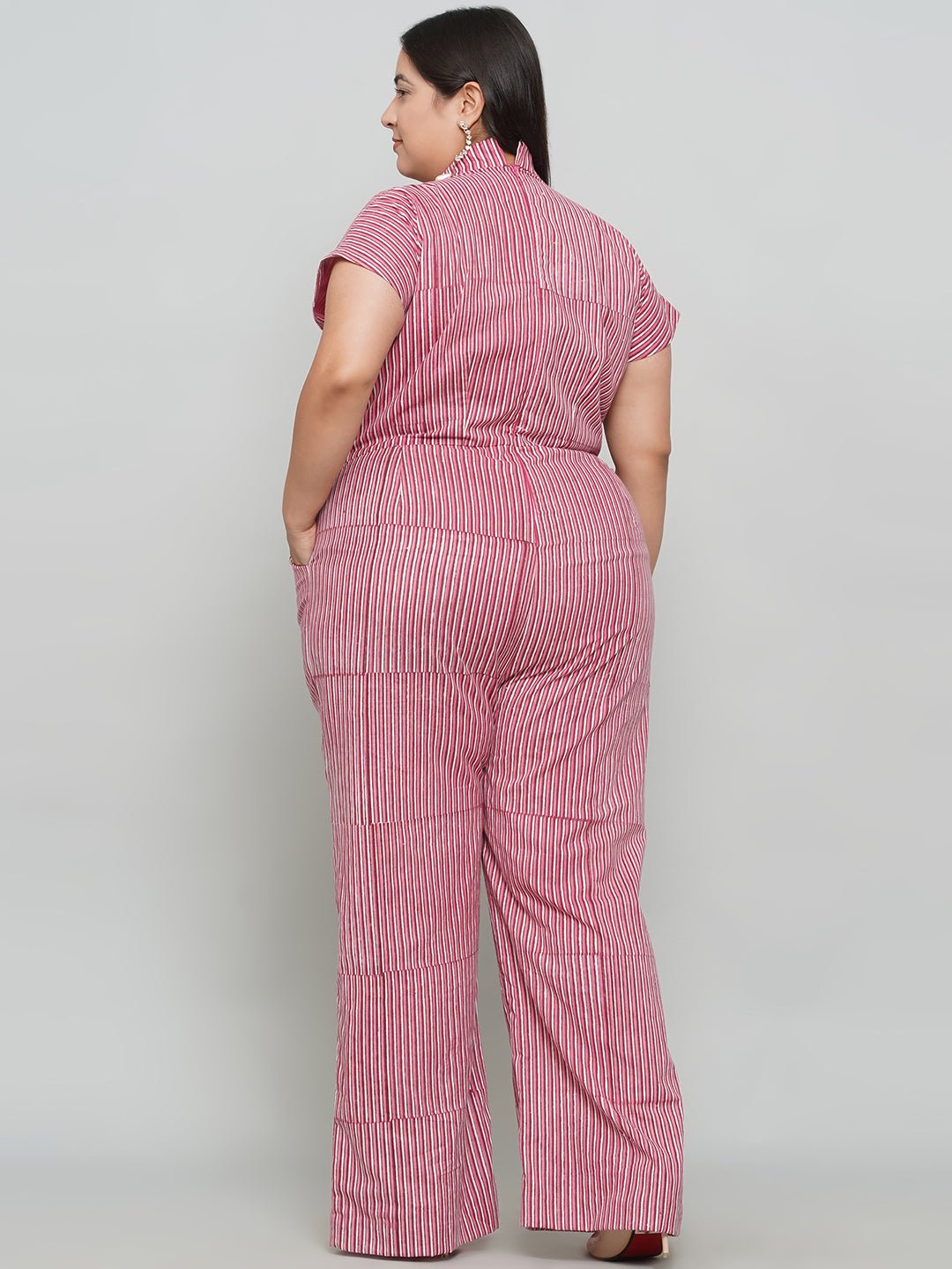 Pink Dabu Stripe Handblock Cotton Jumpsuit -