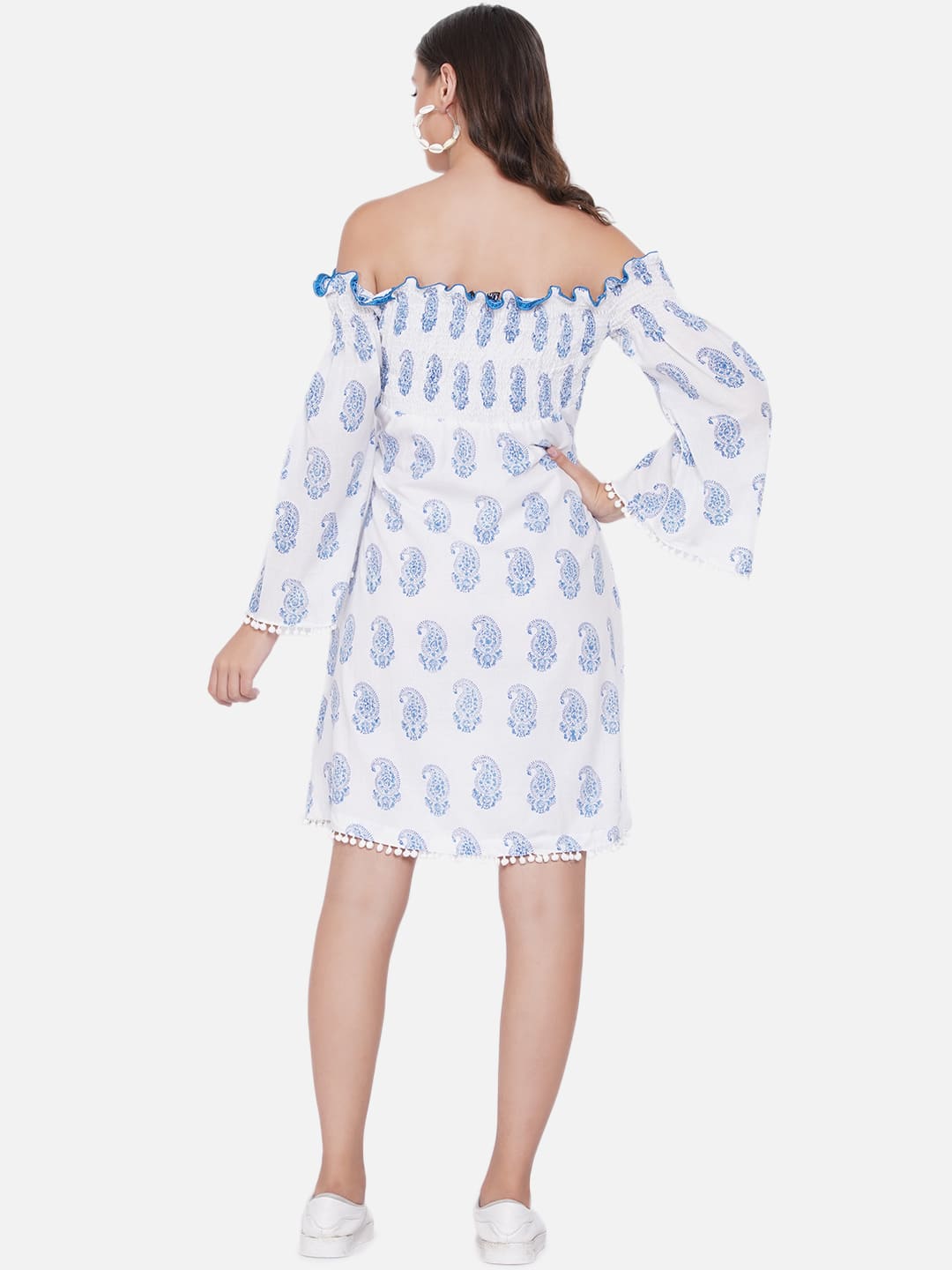 White Sanganeri Paisley Handblock Printed  Off Shoulder Cotton Dress