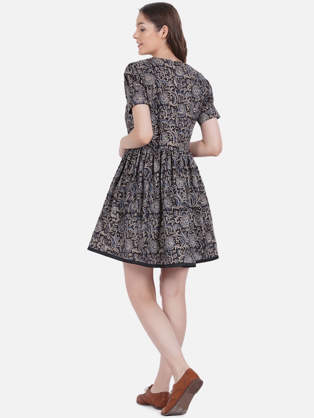 Black Kalamkari Handblock Printed Frock Style Cotton Dress