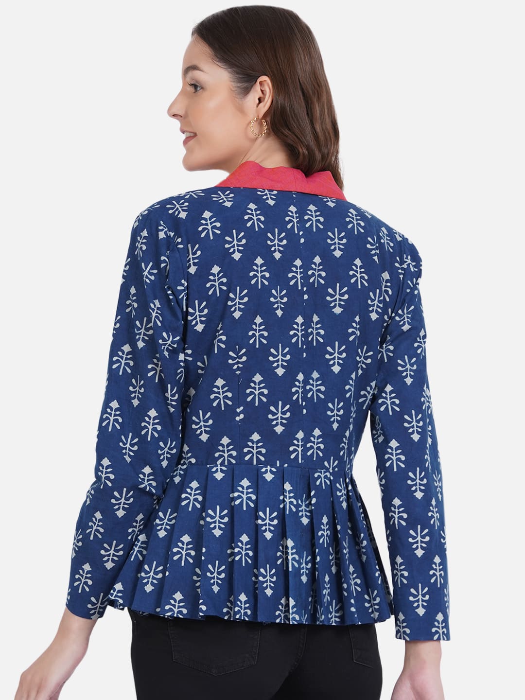 Indigo Handblock Print Peplum Jacket with Pink Collar