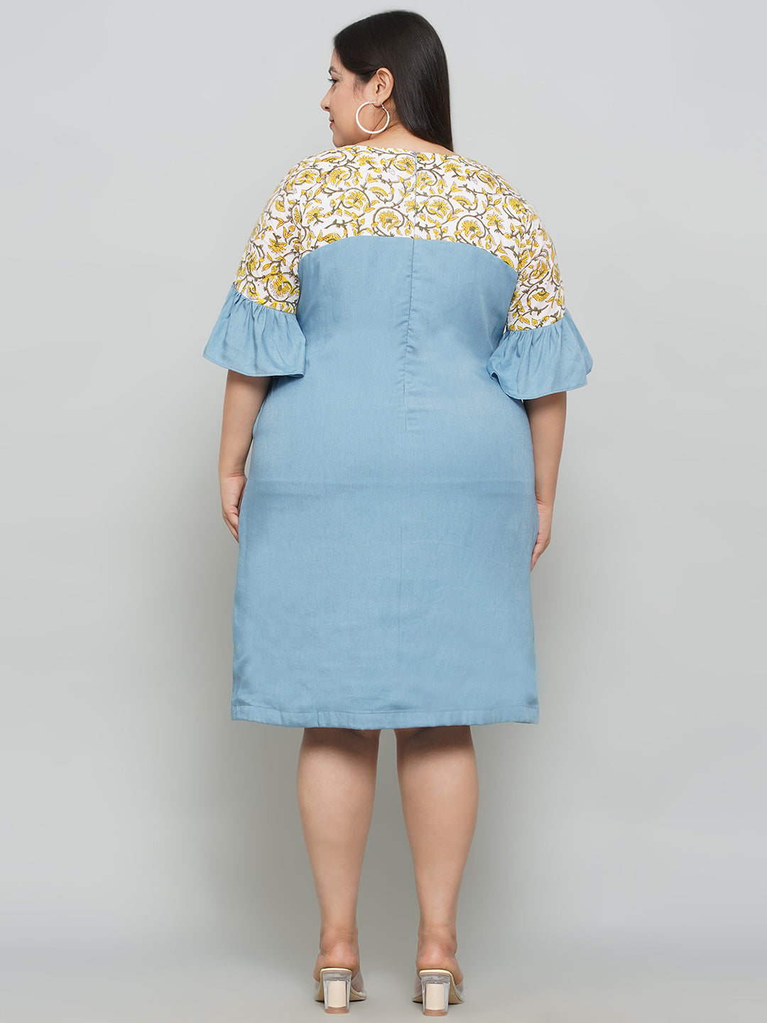 Yellow Sanganeri Handblock Printed  Denim Dress