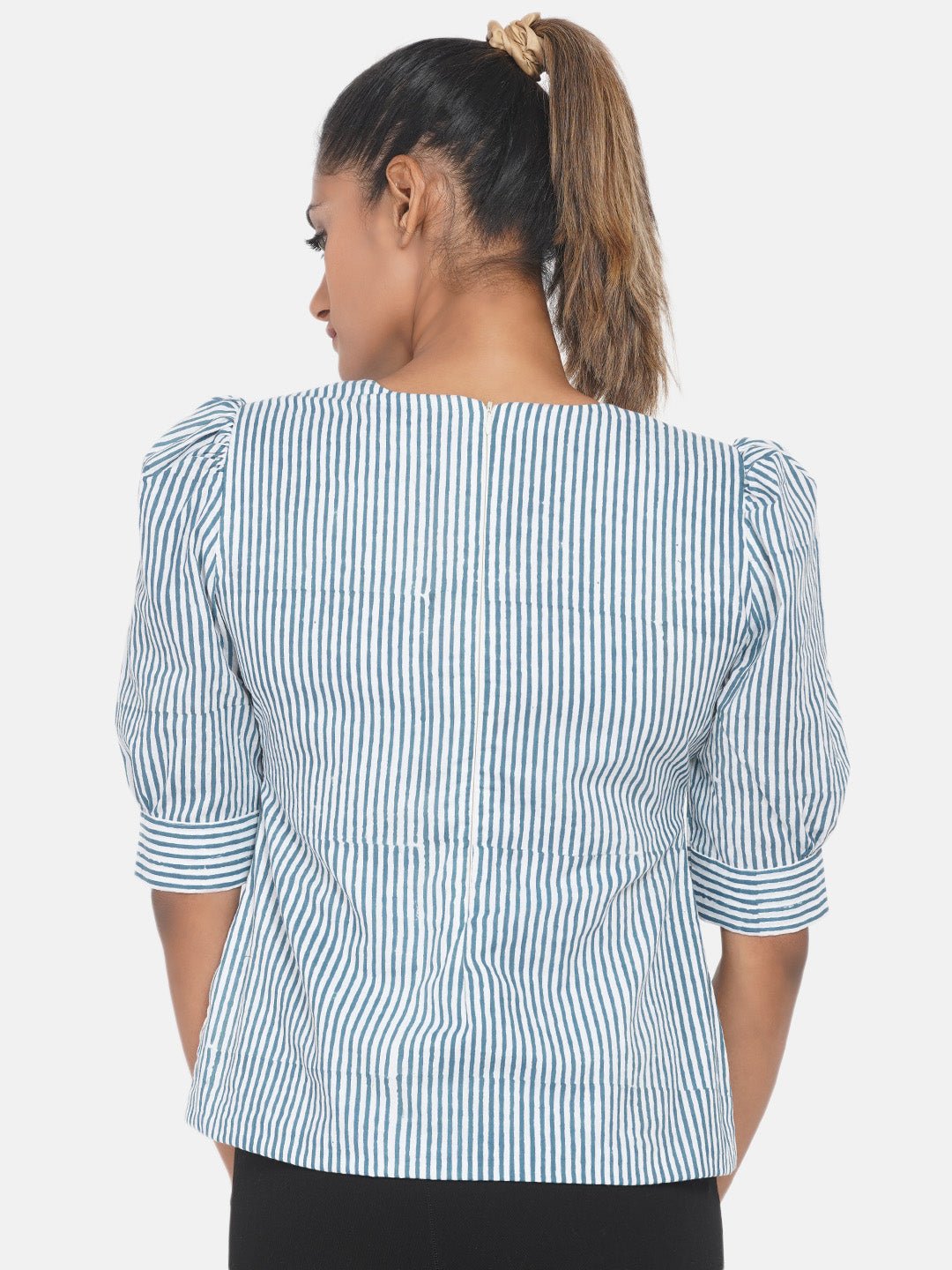 Blue Stripe Handblock Printed Cotton Top -