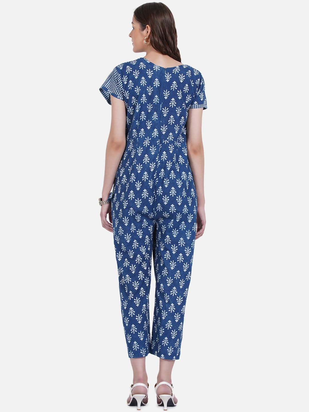 Indigo Dabu Handblock Printed Angrakha Style Cotton Jumpsuit