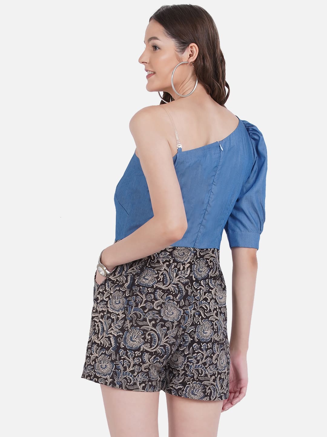Kalamkari Handblock Printed Denim Jumpsuit