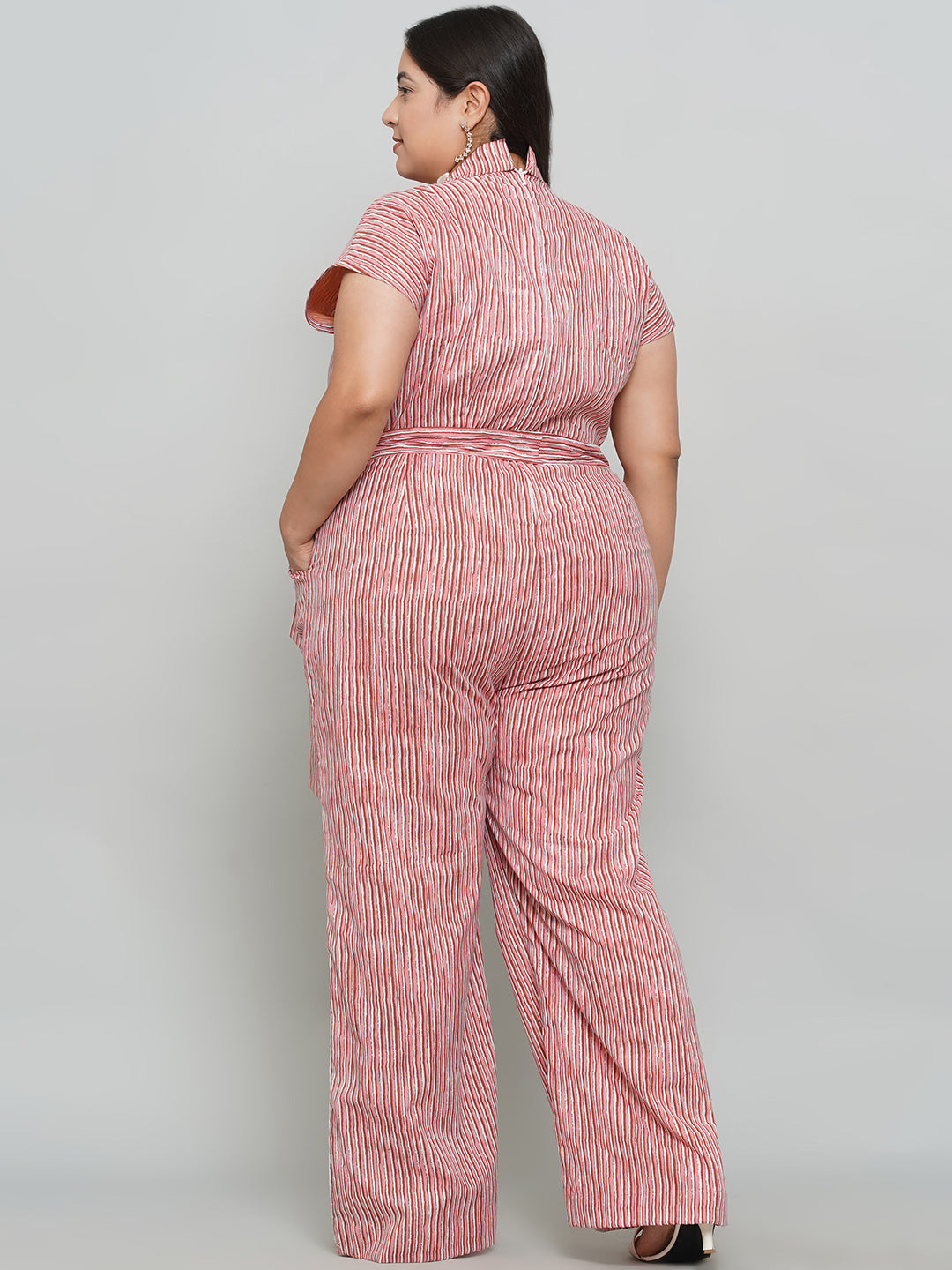 Peach Dabu Stripe Handblock Printed Cotton Jumpsuit