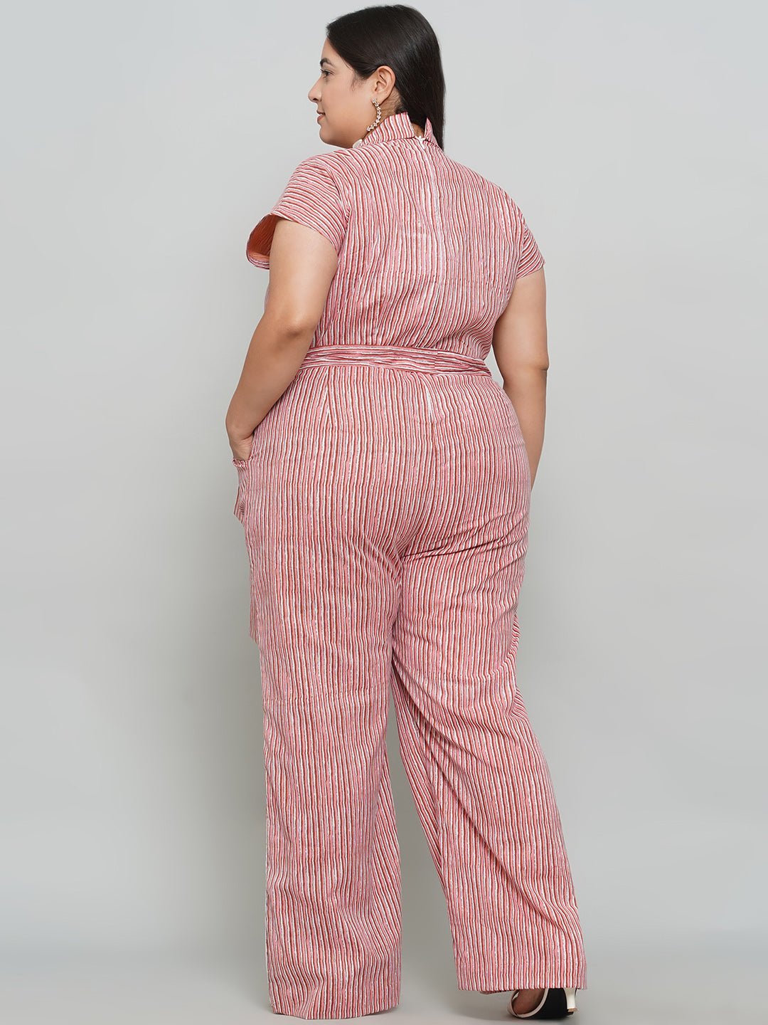 Peach Dabu Stripe Handblock Printed Cotton Jumpsuit -