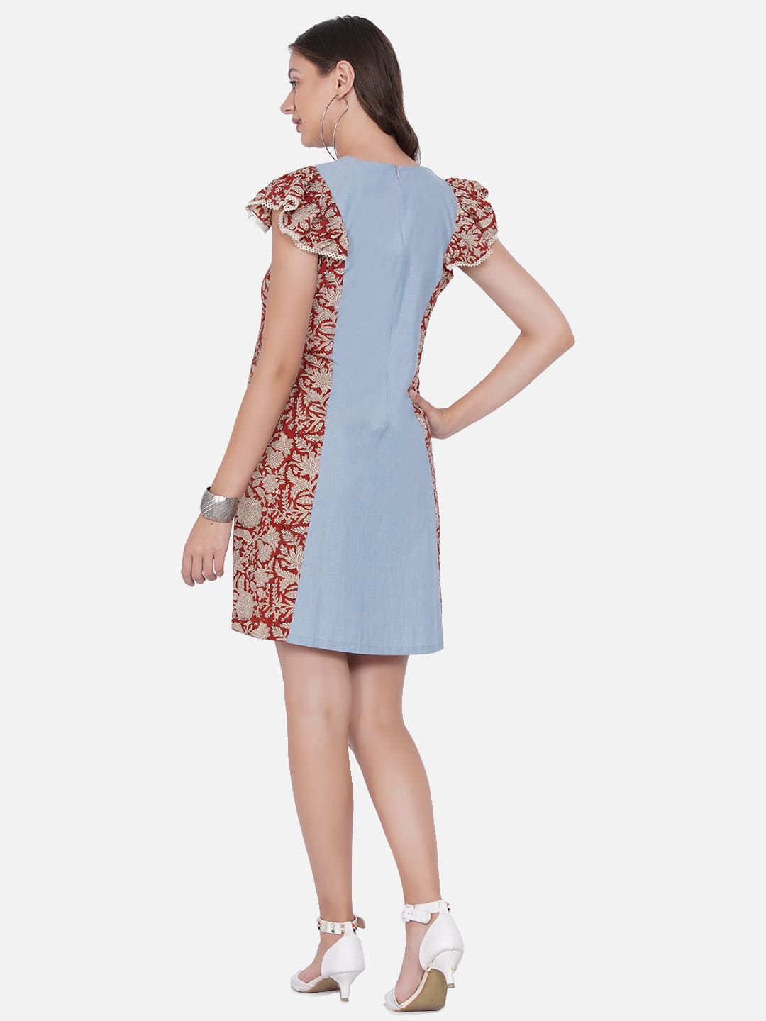 Denim Bagru Handblock Printed Prince Cut Red Dress
