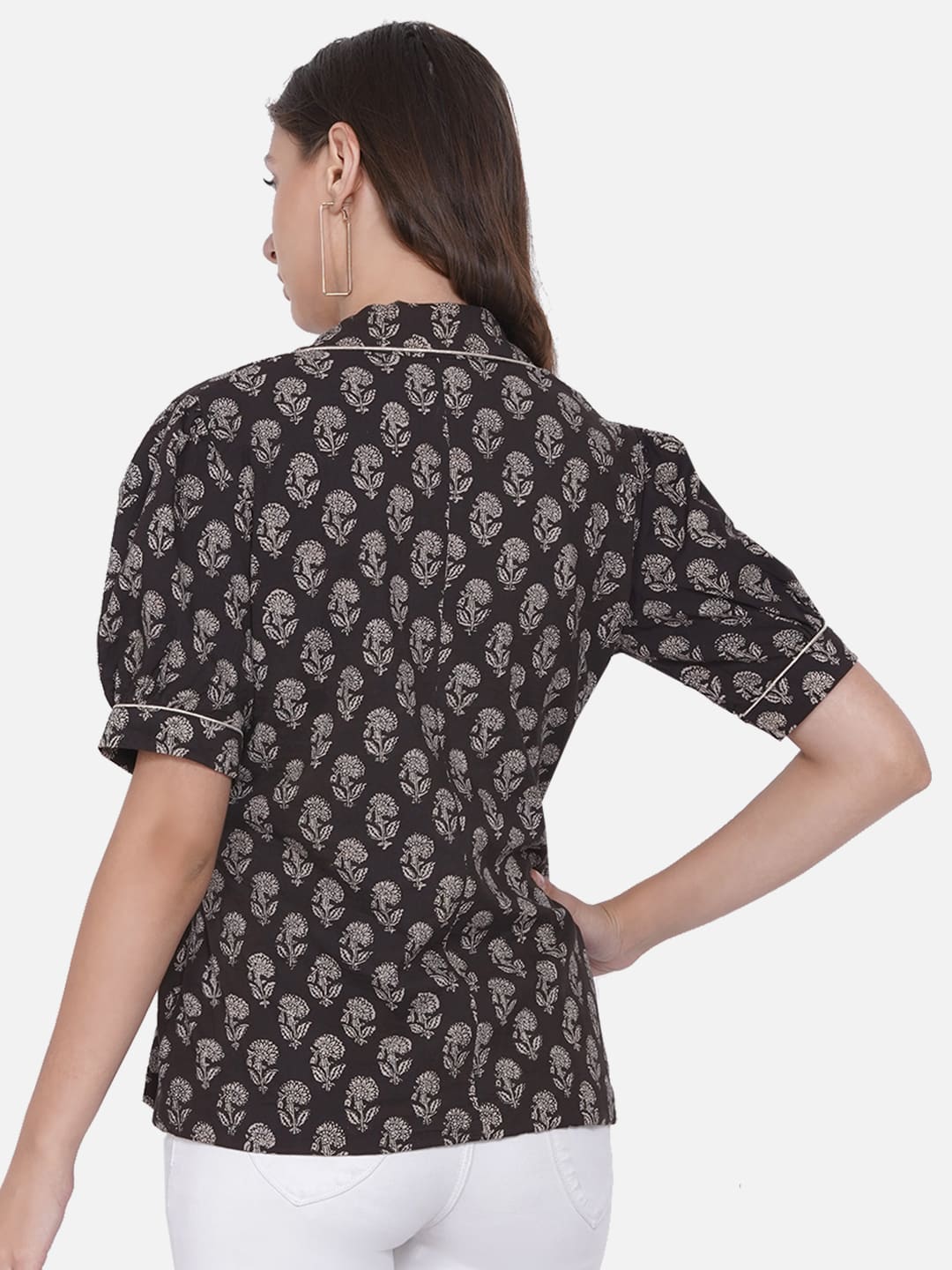 Black Bagru Handblock Printed Coat Collar Cotton Top