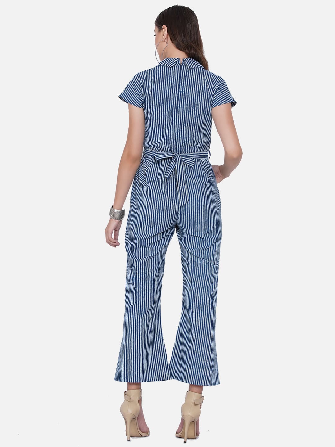 Indigo Handblock Printed Stripe Cotton Jumpsuit
