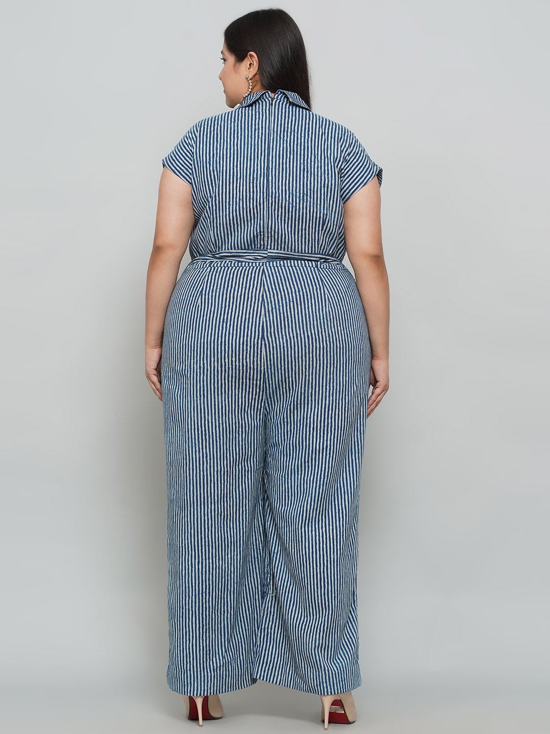 Indigo Handblock Printed Stripe Cotton Jumpsuit -Clothing