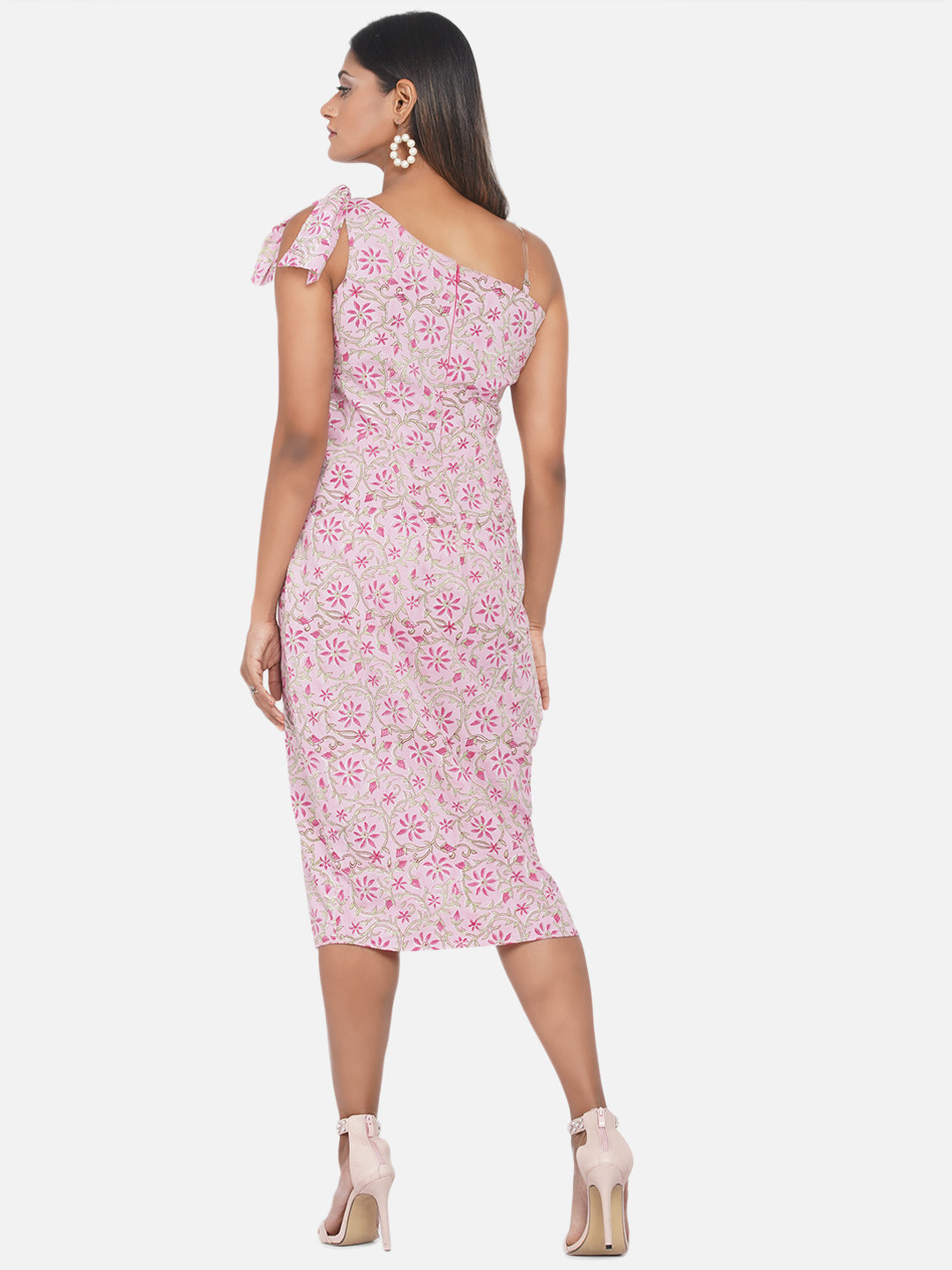 Pink Sanganeri Handblock Printed One Shoulder Dress