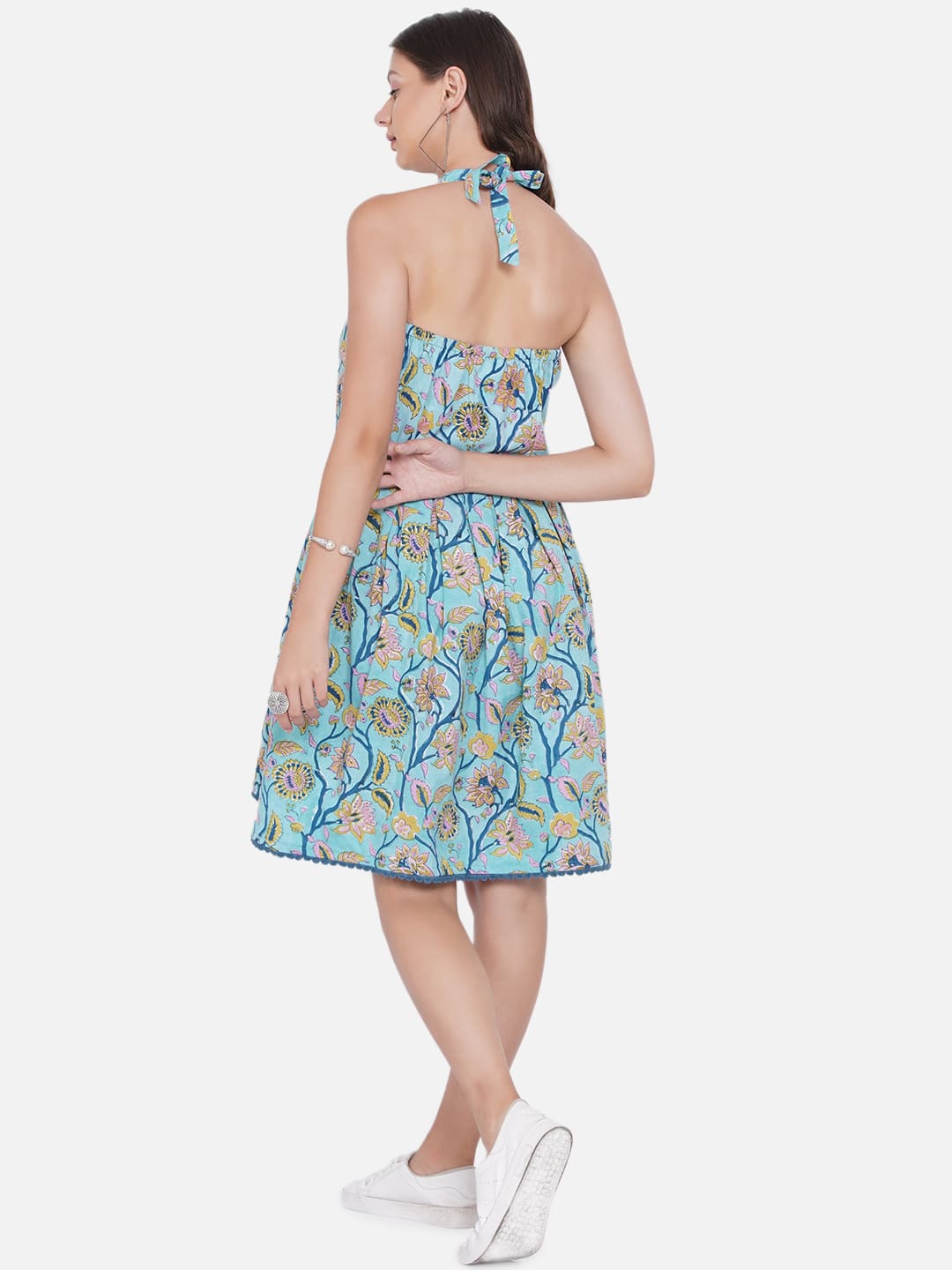 Blue Sanganeri Handblock Printed Backless Cotton Dress