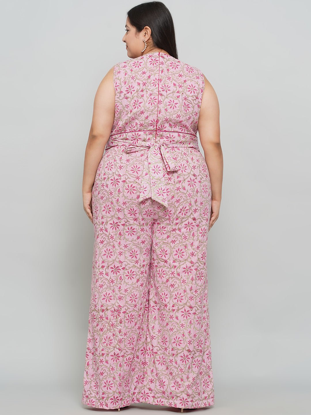 Pink Sanganeri Handblock Printed Cotton Jumpsuit -