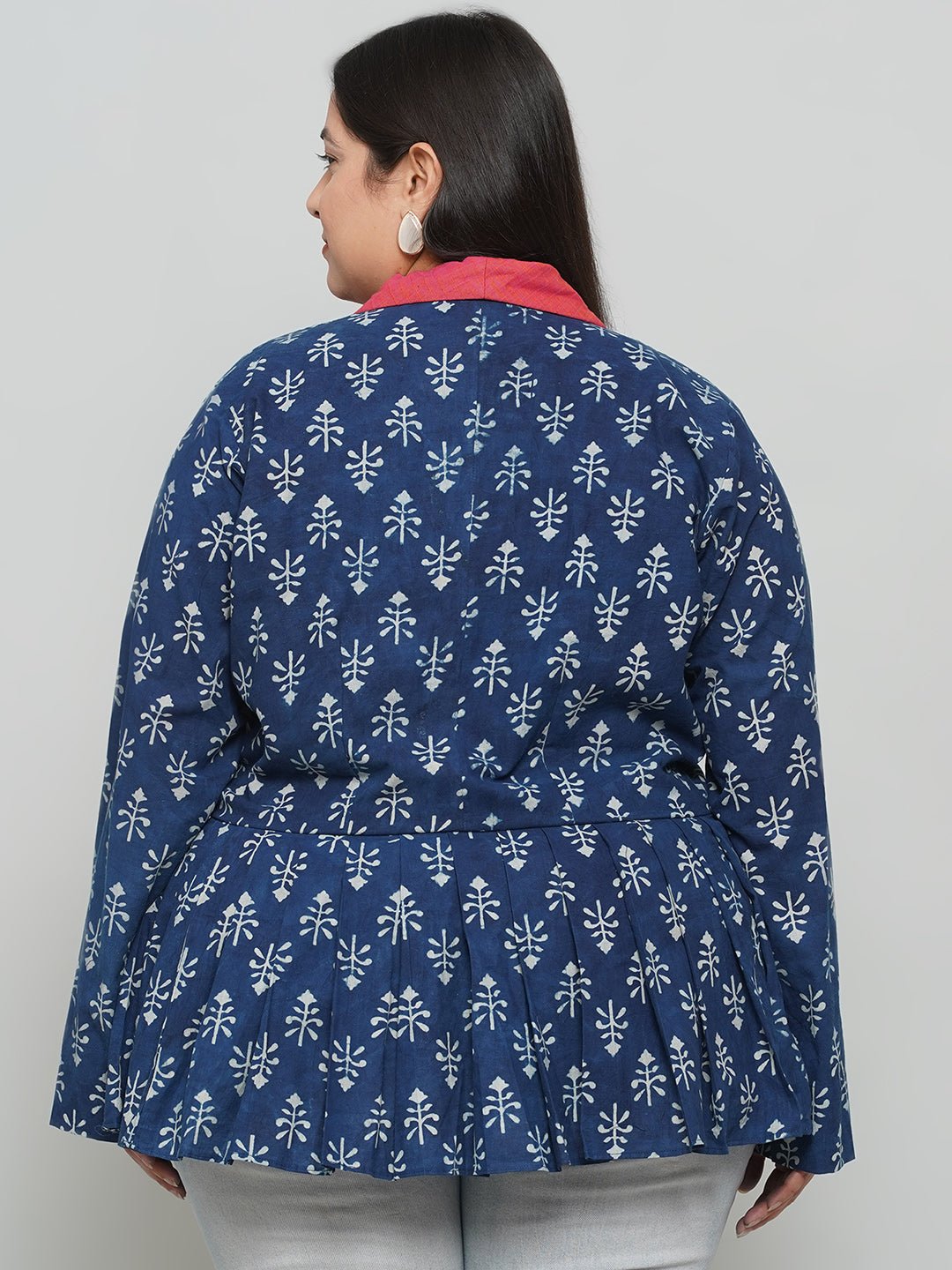 Indigo Handblock Print Peplum Jacket with Pink Collar -