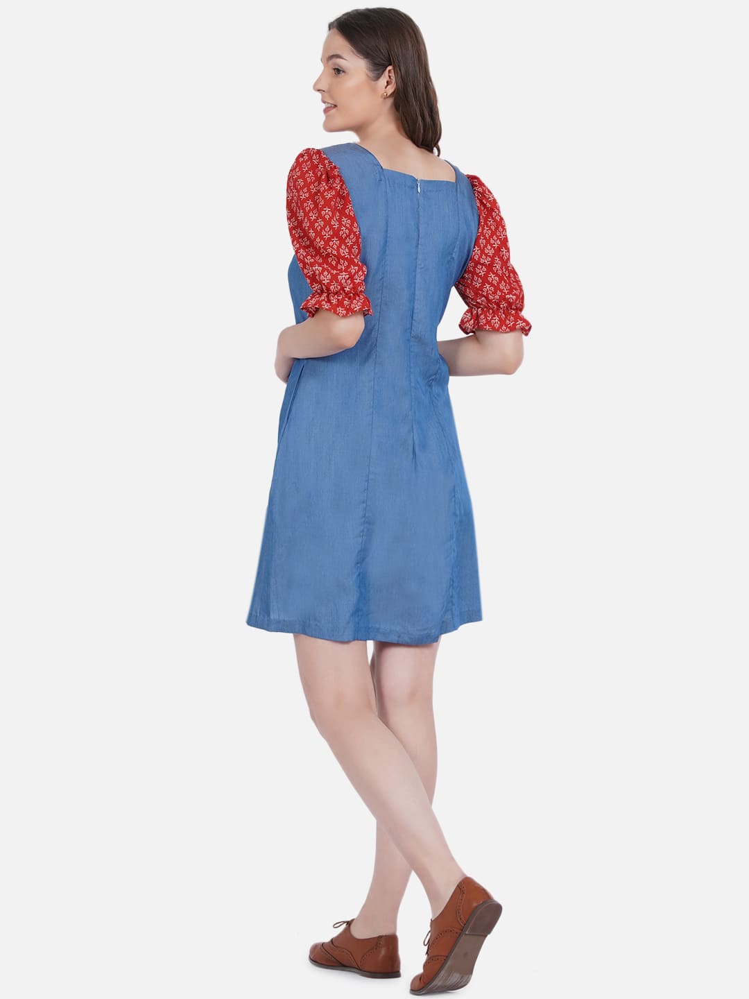 Denim Dress with Bagru Handblock Printed Sleeves