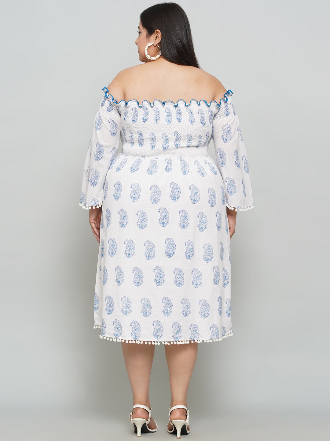 White Sanganeri Paisley Handblock Printed  Off Shoulder Cotton Dress