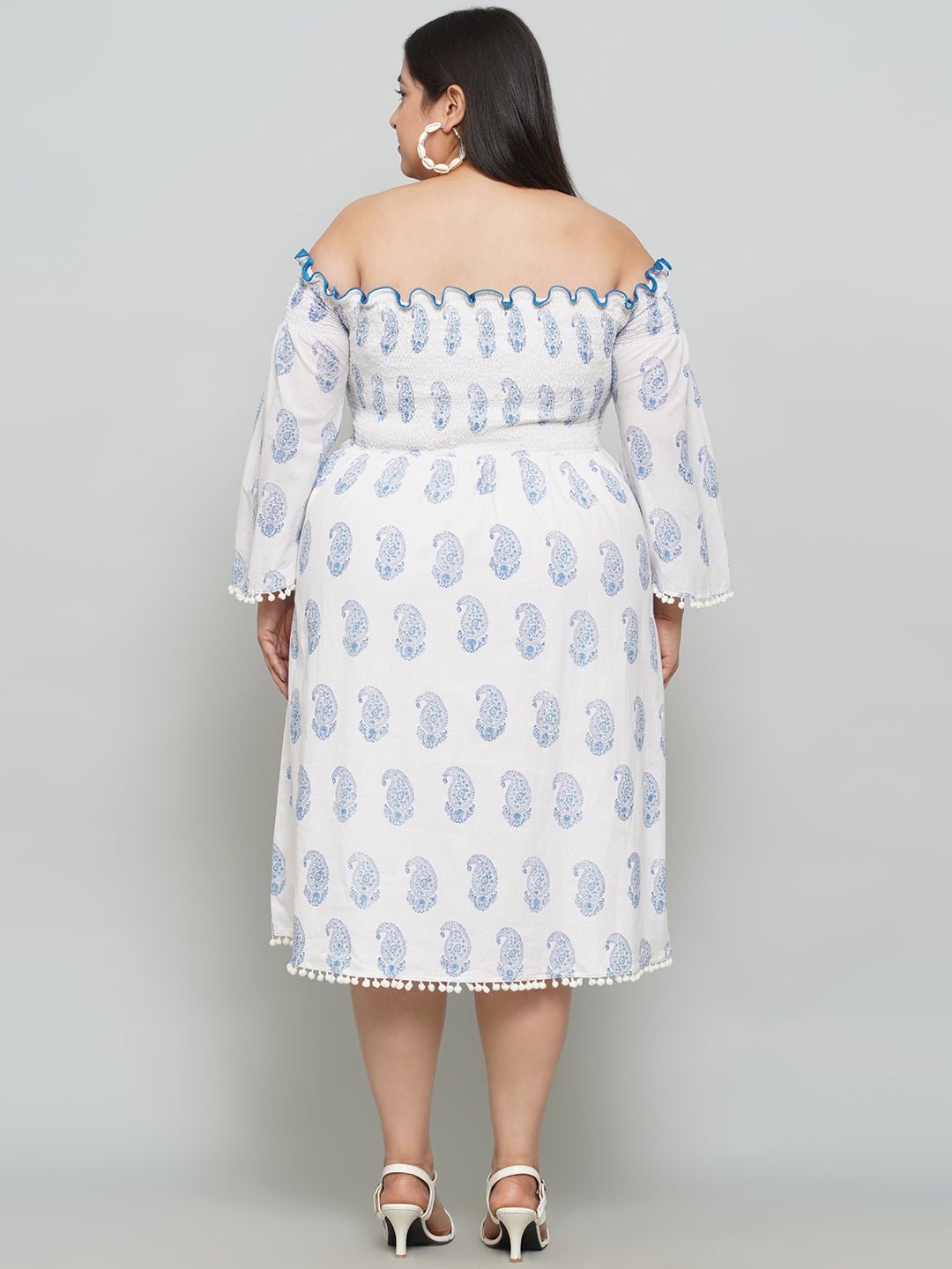White Sanganeri Paisley Handblock Printed Off Shoulder Cotton Dress -Clothing