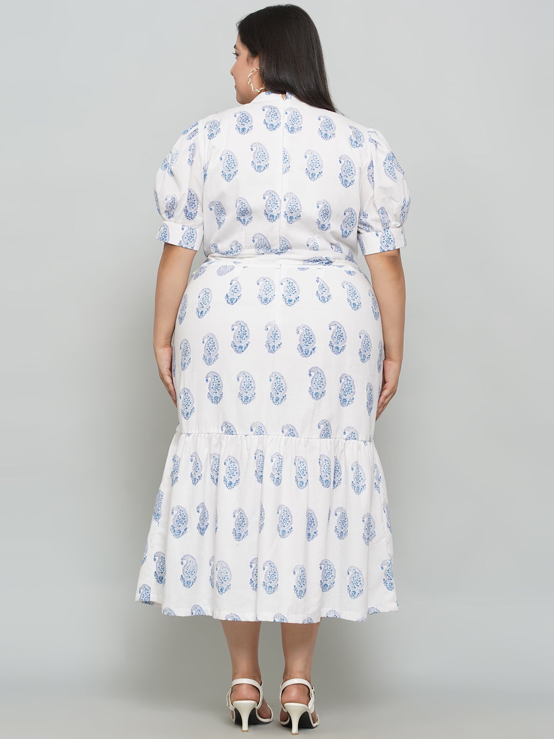 White Cotton Dress with Blue Handblock Printed Paisley