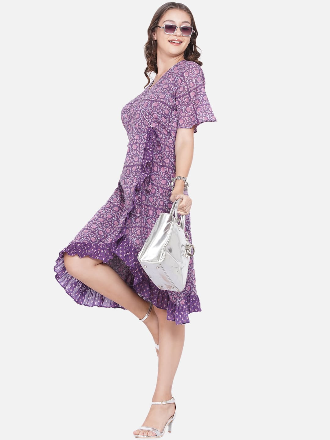 Purple Sanganeri Handblock Printed Wrap Style Cotton Dress