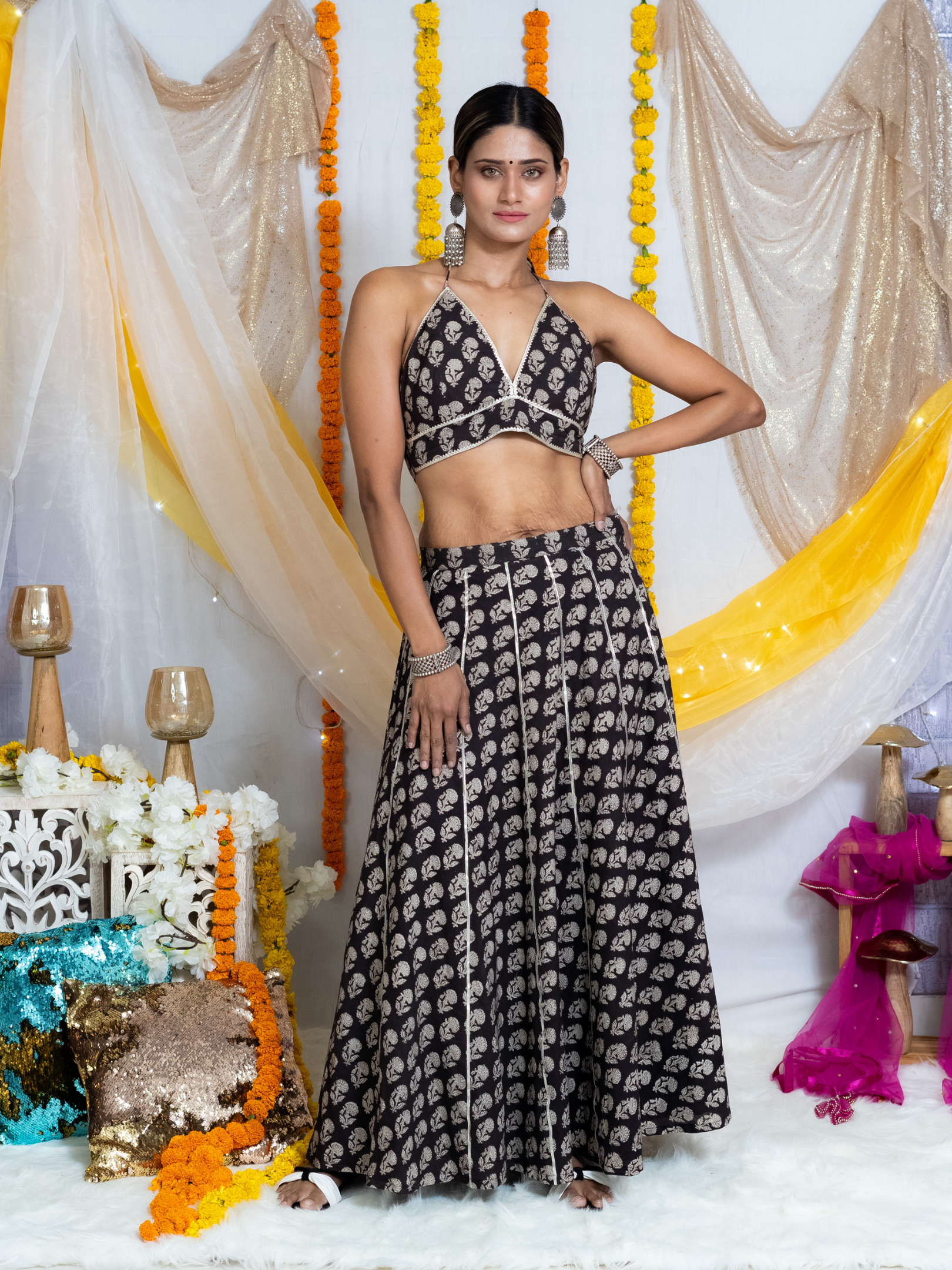 Black Bagru Hanblock Printed Lehenga Choli